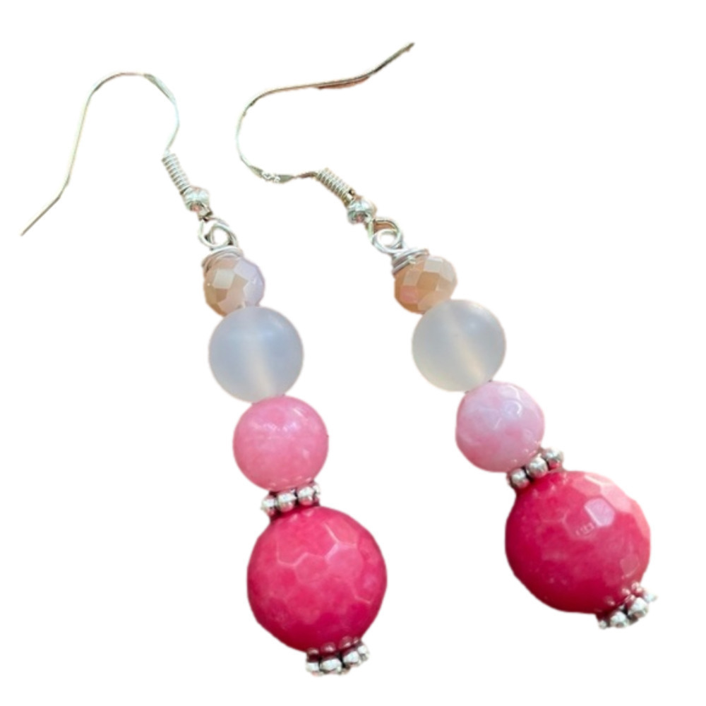 Sterling Silver Earrings Bead Handmade Raspberry Gradient Pink Genuine Stone - Picture 4 of 5